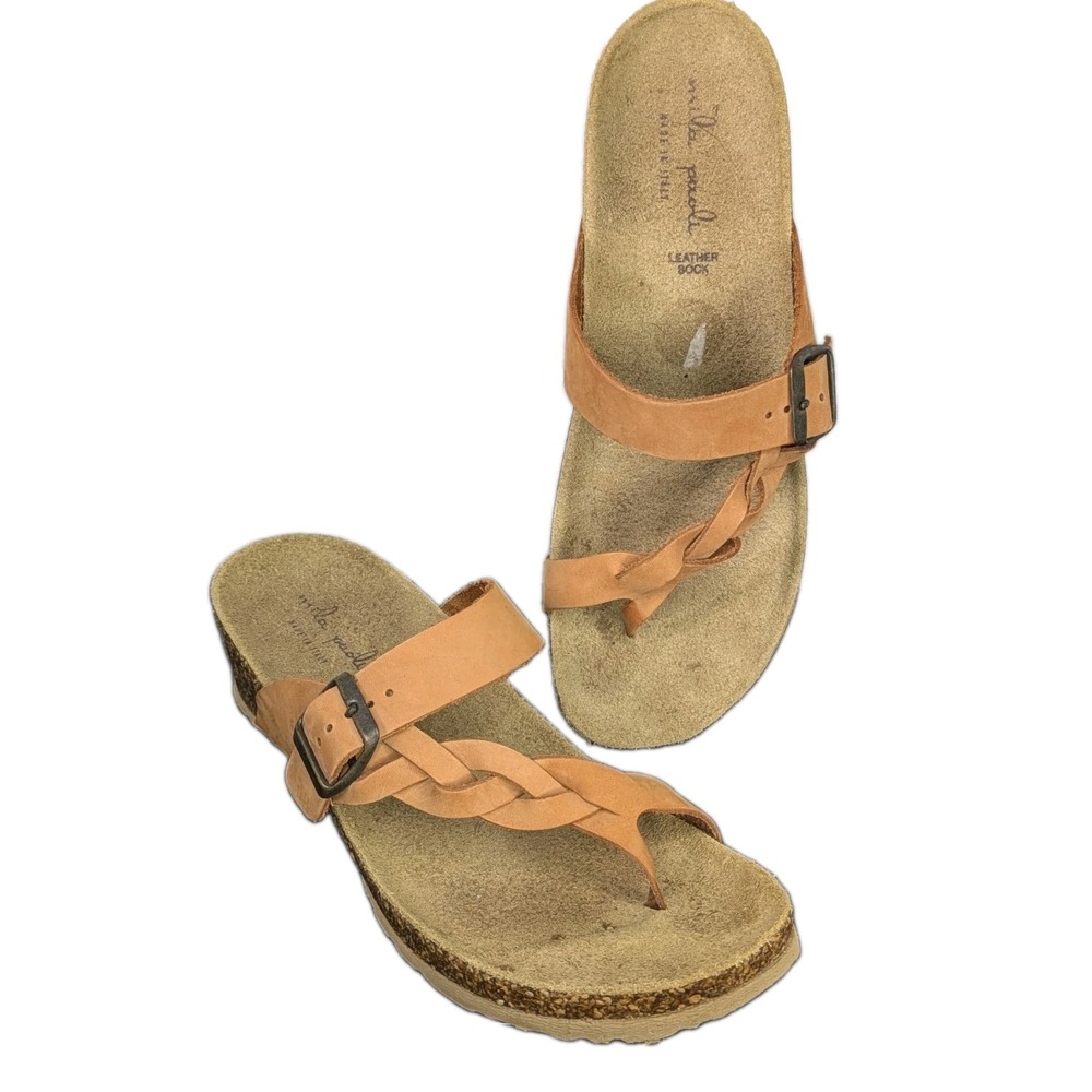 Mila Paoli Women's Sandals 9 Italy Brown Braided Suede Slip On Wedge Cork Comfy